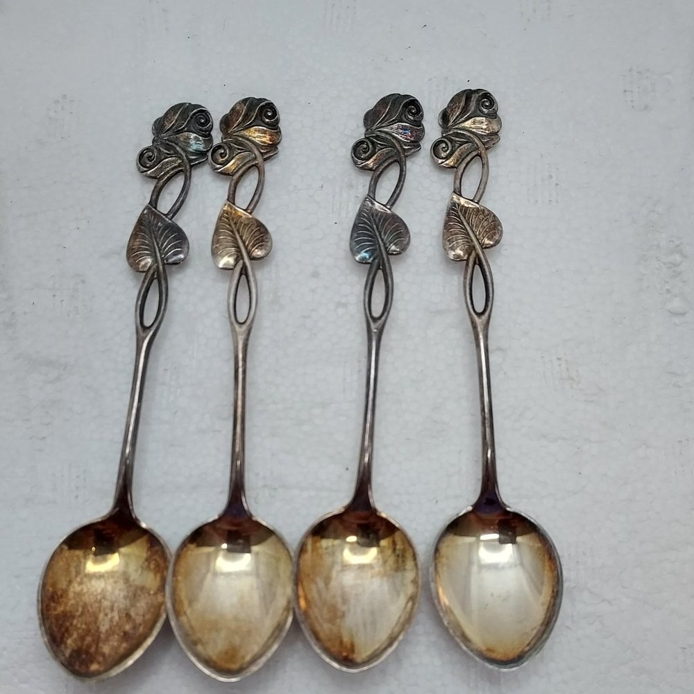 Vintage Set of 4 Mexican Alpaca Silver Honey Spoons Floral Leaf Motif  Excellent